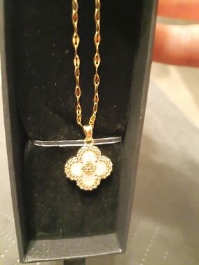 Gold Clover Pendant Necklace with White Enamel and Crystal Accents